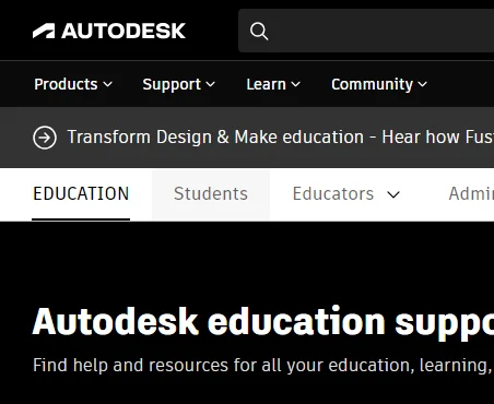 menu do site da Autocad para estudantes